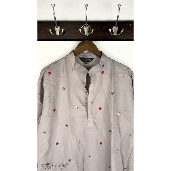 Embroidered Pakistani/Indian Kurta Grey Floral Nature Men's Cotton Daman 2XL - Picture 4 of 5